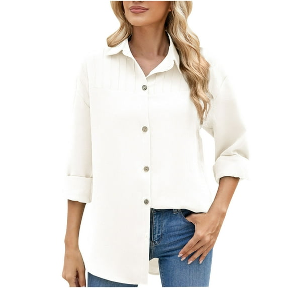 Utoimkio Women's Button Down Solid Color Shirts Classic Fit Long Sleeve Collared Tops Work Office Blouses for Women