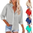 thumbnail image 1 of Utoimkio Women's Button Down Shirts Cotton Linen Dress Shirt Long Sleeve V Neck Solid Color Blouses Casual Work Tunic Tops for Women with Pockets, 1 of 6