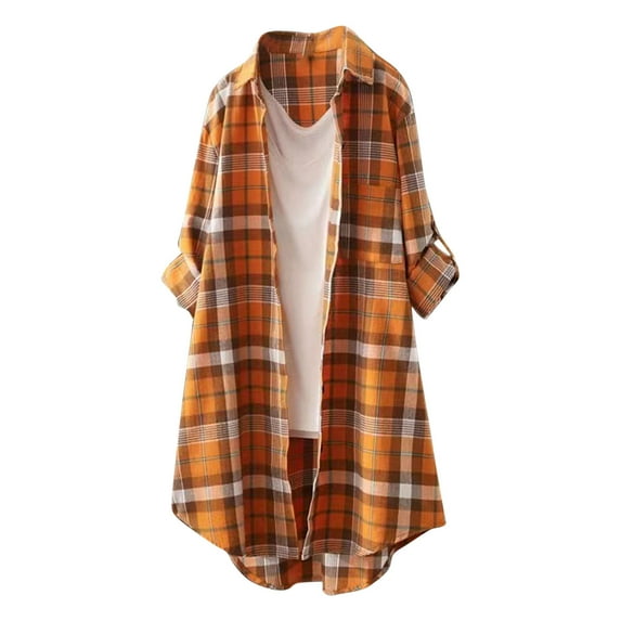 Utoimkio Women's Casual Long Plaid Shacket Long Sleeve Button Down Oversized Shirt Jacket Coats for Women