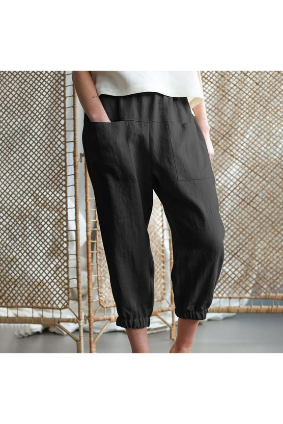 Women's Casual Loose Linen Capri Pants High Waisted Straight Leg Lounge Pants for Women with Pockets