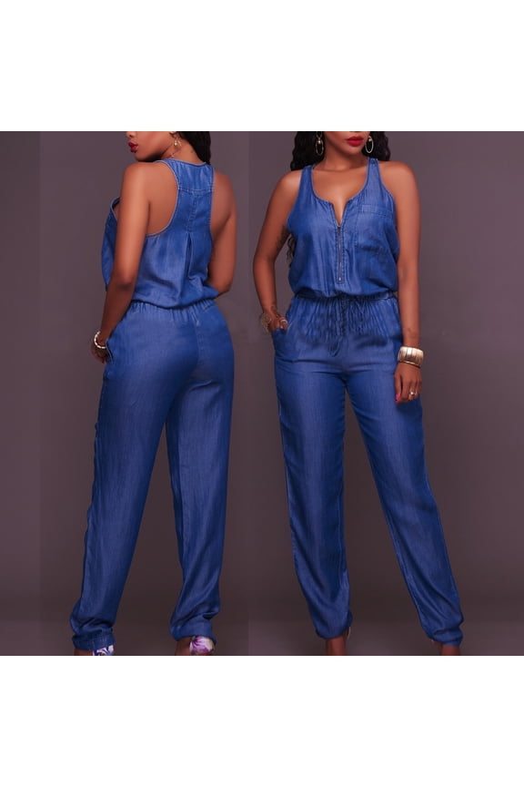 Women's Casual Off Shoulder Denim Jumpsuits Overalls Casual Sleeveless Rompers