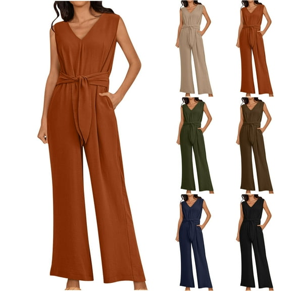 Utoimkio Women's Casual Sleeveless Elegant Linen Jumpsuits Stretchy Wide Leg Long Pants Romper with Pockets