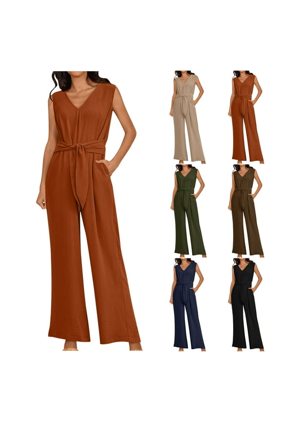 Women's Casual Sleeveless Elegant Linen Jumpsuits Stretchy Wide Leg Long Pants Romper with Pockets