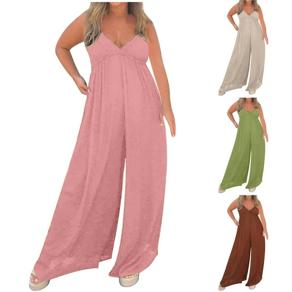 Utoimkio Women's Casual Sleeveless Spaghetti Straps Plus Size Jumpsuits Stretchy Loose Wide Leg Long Pants Romper for Women