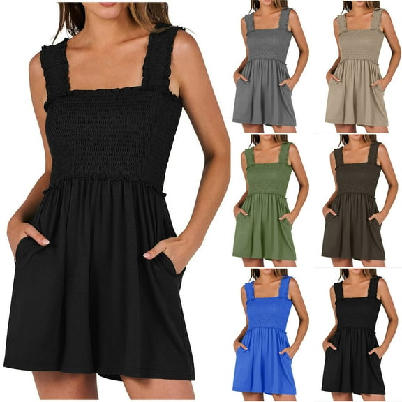 Utoimkio Women's Casual Sleeveless Strap Adjustable Jumpsuits Stretchy Shorts Romper with Pockets