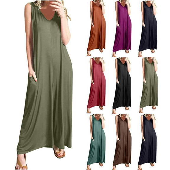 Utoimkio Women's Casual Sleeveless Straps Jumpsuits Stretchy Loose Flowy Long Pants Romper for Women with Pockets