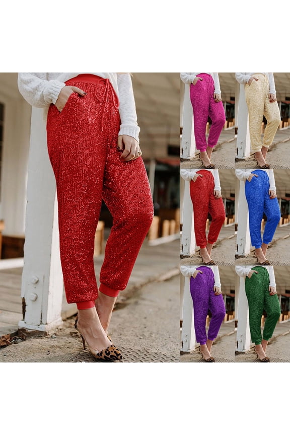 Women's Casual Sparkle Sequin Straight Leg Pants Party Home High Waisted Lounge Pants for Women with Pockets