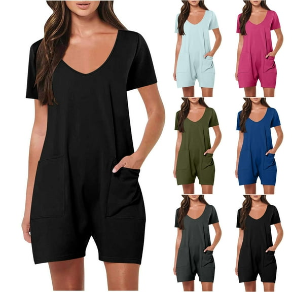 Utoimkio Women's Casual Summer Short Sleeve Rompers Loose Fit Short Jumpsuits Overalls Summer Outfits with Pockets