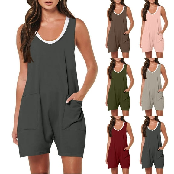 Utoimkio Women's Casual Summer Sleeveless Rompers Loose Fit Adjustable Strap Short Jumpsuits Overalls Summer Outfits with Pockets