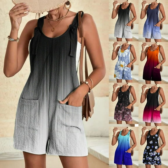 Utoimkio Women's Casual Summer Sleeveless Rompers Loose Fit Adjustable Strap Short Jumpsuits Overalls Summer Outfits with Pockets