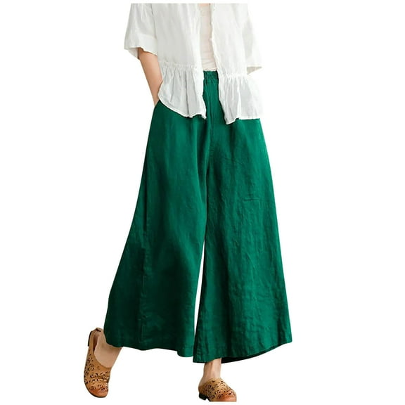 Utoimkio Women's Cotton Linen Wide Leg Pants Elastic Waist Casual Baggy Beach Pants Plus Size Trousers with Pockets