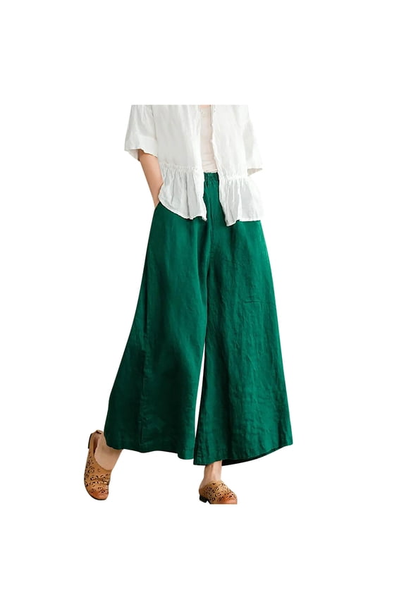 Women's Cotton Linen Wide Leg Pants Elastic Waist Casual Baggy Beach Pants Plus Size Trousers with Pockets