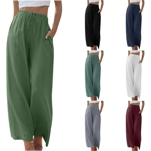 Utoimkio Women's Cotton Linen Wide Leg Pants Elastic Waist Casual Baggy Beach Pants Plus Size Trousers with Pockets