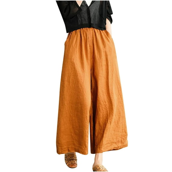 Utoimkio Women's Cotton Linen Wide Leg Pants Elastic Waist Casual Baggy Beach Pants Plus Size Trousers with Pockets