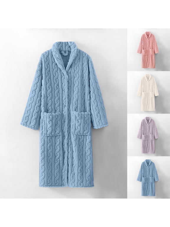 Women's Flannel Robe Winter Soft Plush Warm Bathrobe with Pockets