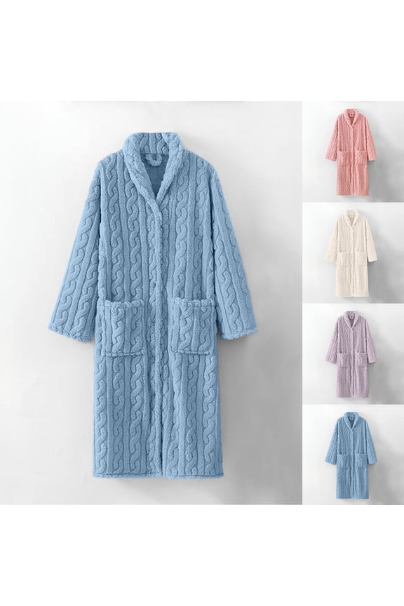 Women's Flannel Robe Winter Soft Plush Warm Bathrobe with Pockets