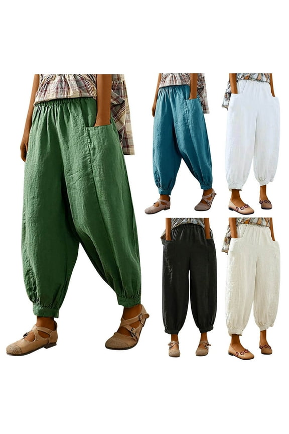Women's Harem Pants Summer Casual Loose Elastic High Waisted Linen Lounge Pants for Women with Pockets
