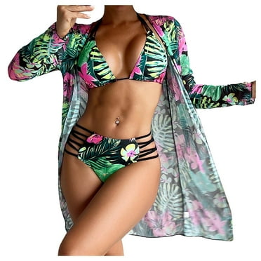 Utoimkio Clearance Women's High Waisted Bikini Sets V Neck Halter Two Piece Swimsuits Floral Print Bathing Suits for Women with Swimsuit Coverups Summer Beach Swimwear