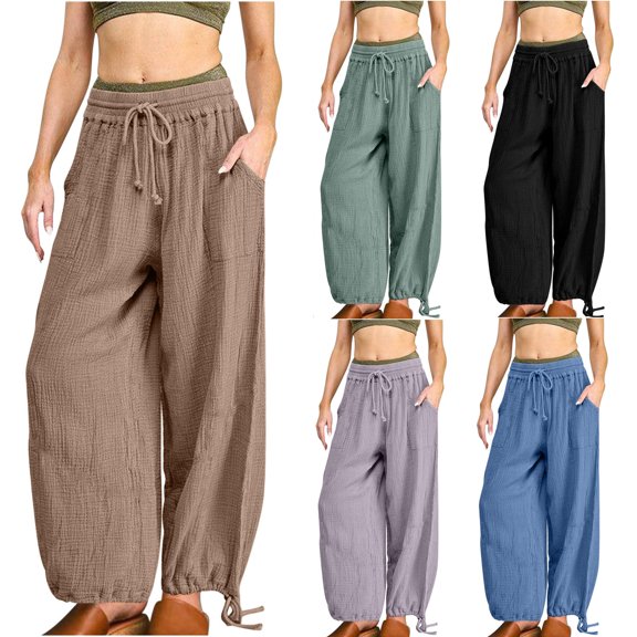 Utoimkio Women's Linen Lounge Pants Casual Loose Elastic Waisted Drawstring Jogger Pants Casual Loose Sweatpants for Women with Pockets