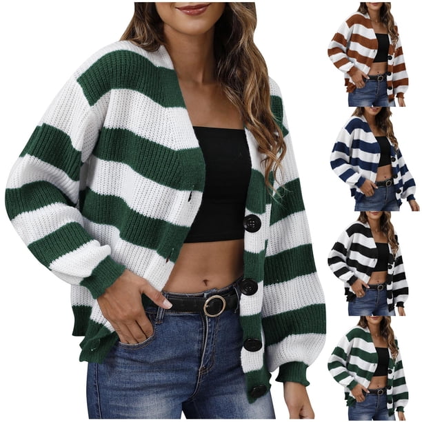 Viottiset Women's Oversized Color Block Cardigan - V-Neck, Button Down, Lightweight Knit Sweater