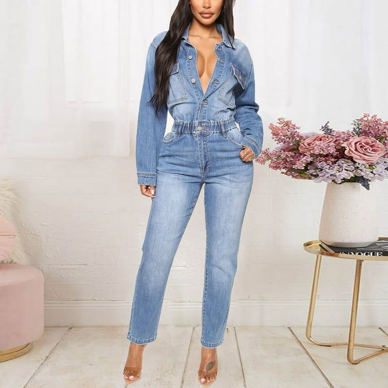 Utoimkio Women's Long Sleeve Denim Jumpsuits Overalls High Waisted