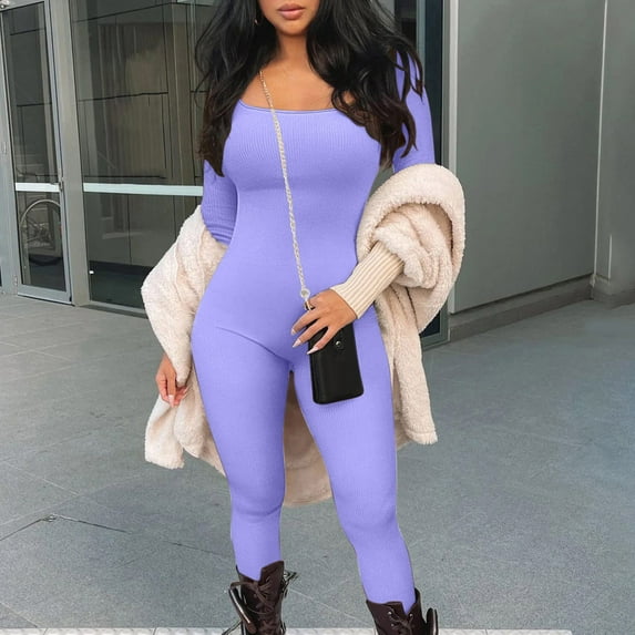 Utoimkio Women's Long Sleeve Slim Fit Jumpsuits Overalls Solid Color Square Collar Rompers for Women