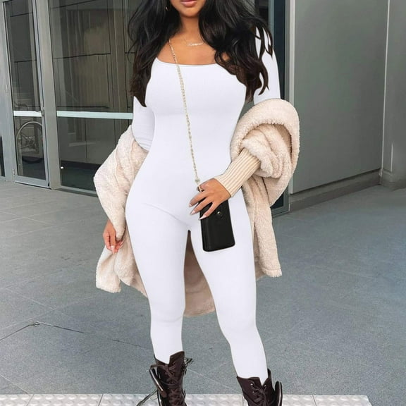 Utoimkio Women's Long Sleeve Slim Fit Jumpsuits Overalls Solid Color Square Collar Rompers for Women