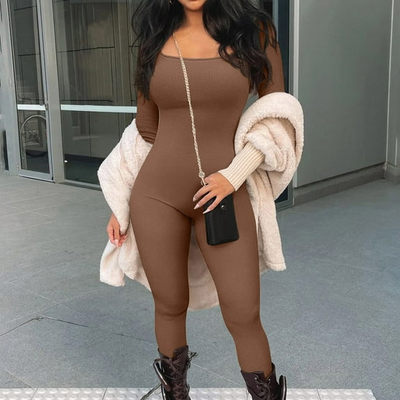 Utoimkio Women's Long Sleeve Slim Fit Jumpsuits Overalls Solid Color Square Collar Rompers for Women