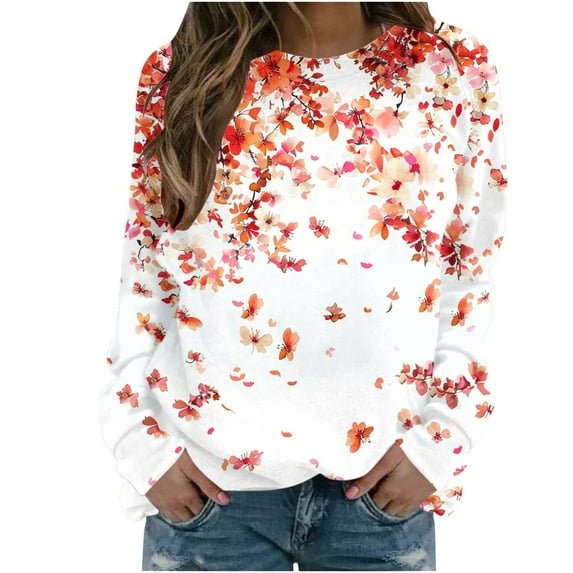 Utoimkio Women's Long Sleeve Tops 2025 Floral Print Shirt Crewneck Tops Loose Fit Casual Blouses for Women