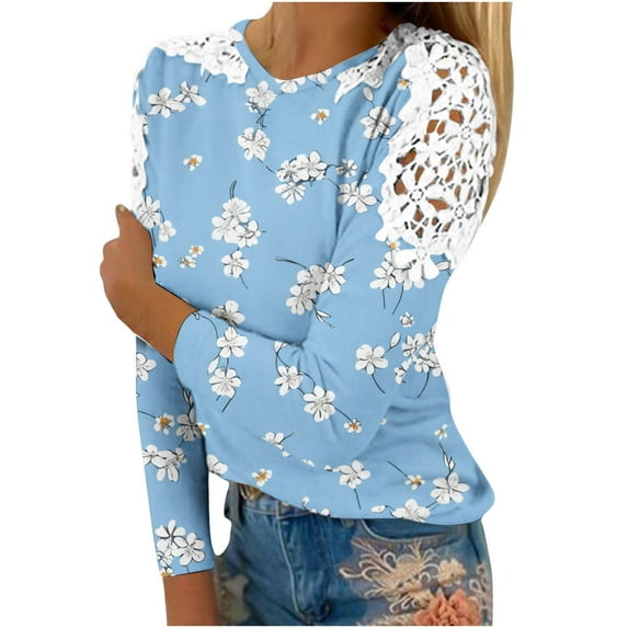 Utoimkio Women's Long Sleeve Tops 2025 Floral Print Shirt Crewneck Tops Loose Fit Casual Blouses for Women