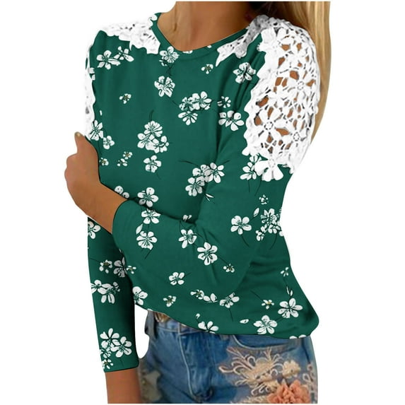 Utoimkio Women's Long Sleeve Tops 2025 Floral Print Shirt Crewneck Tops Loose Fit Casual Blouses for Women