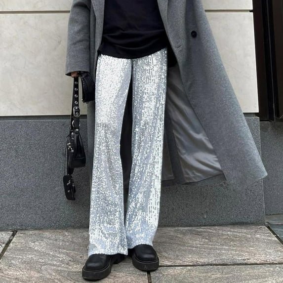 Utoimkio Women's Nightclub Sequin Work Pants High Waisted Loose Work Pants for Women