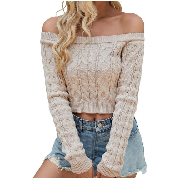 Utoimkio Clearance Women's Off Shoulder Fall Sweater Pullover Square Collar Long Sleeve Cable Knitted Casual Loose Lightweight Sweaters for Women