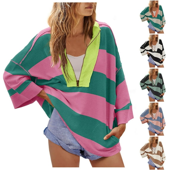 Utoimkio Women's Oversized Striped Shirt Half Zip Loose Fit Sweatshirt for Women Color Block V Neck Blouse Tops Casual Long Sleeve Pullover