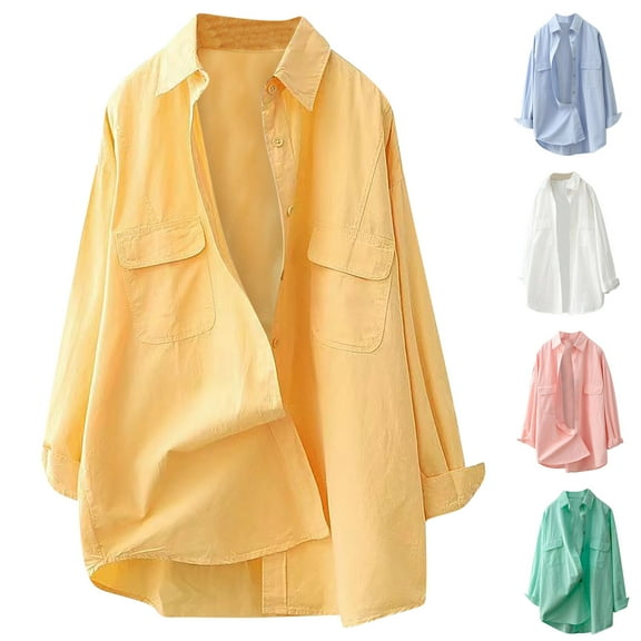 Utoimkio Women's Plus Size Button Down Shirts Long Sleeve Cotton Casual Collared Shirt Oversized Loose Casual Vacation Blouses Tops for Women with Pockets