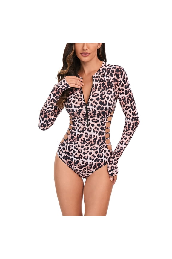 Women's Rash Guard One Piece Swimsuit Front Zip Long Sleeve Athletic Swimwear Sun Protection Bathing Suits for Women Summer High Cut One Piece Swim Shirts