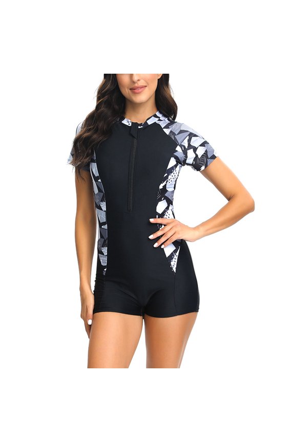 Women's Rash Guard One Piece Swimsuit Front Zip Short Sleeve Athletic Swimwear Sun Protection Bathing Suits for Women Summer One Piece Swim Shirts