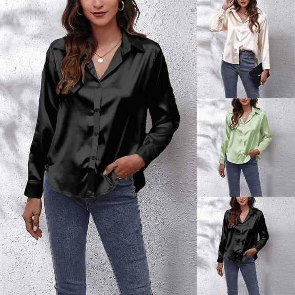 Utoimkio Women's Satin Silk Button Down Shirts Classic Fit Dress Shirt Work Business Blouses Casual Long Sleeve Tunic Tops for Women