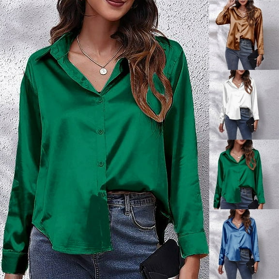 Utoimkio Women's Satin Silk Button Down Shirts Classic Fit Dress Shirt Work Business Blouses Casual Long Sleeve Tunic Tops for Women