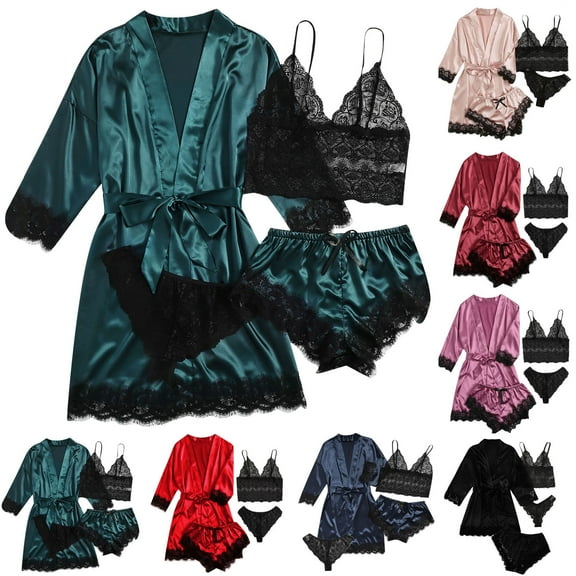 Utoimkio Women's Silk Lace Pajamas Set 4pcs Nightgown Cami Top Nightgown Lace Sleepwear Dress Robe Pants Sets