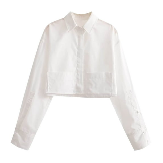 Utoimkio Women's Solid Color Button Down Cropped Shirts Classic Long Sleeve Stylish Collared Office Work Blouses Crop Tops for Women