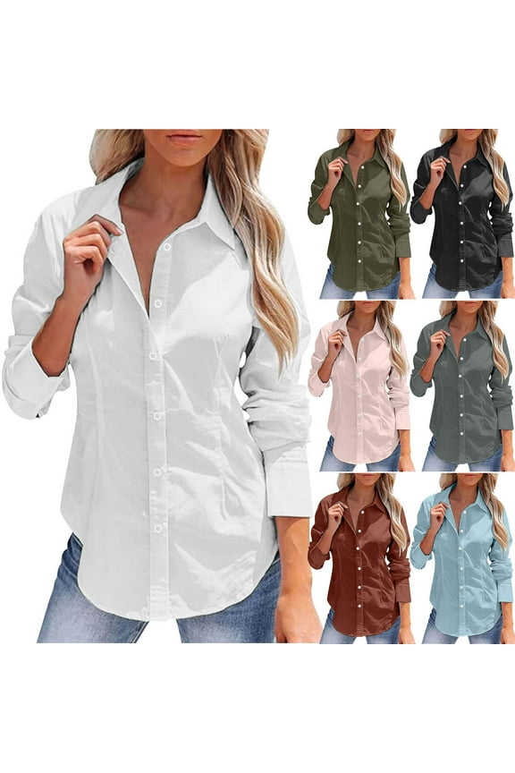 Women's Solid Color Button Down Shirts Cotton Linen Dressy Work Blouse Tops Long Sleeve Turndown Collar Dress Shirt Vacation Work Clothes for Women