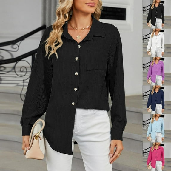 Utoimkio Women's Solid Color Button Down Shirts Dressy Work Blouse Tops Long Sleeve Turndown Collar Dress Shirt Casual Work Clothes for Women