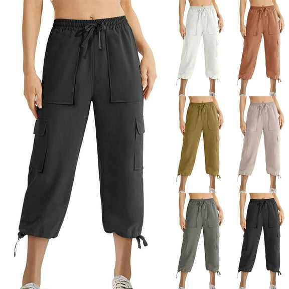 Utoimkio Women's Straight Leg Capri Cargo Pants High Waisted Drawstring Casual Loose Lounge Pants Casual Trousers for Women with Pockets