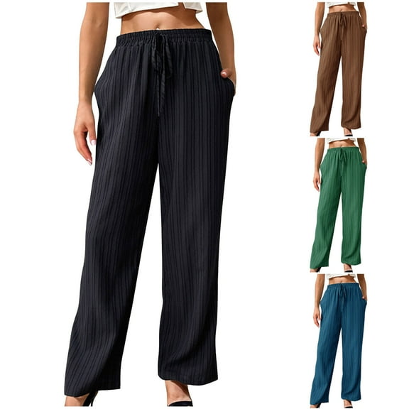 Utoimkio Women's Straight Leg Linen Pants Summer Casual High Waisted Drawstring Lounge Pants for Women with Pockets