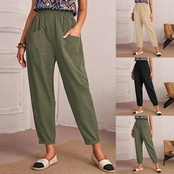 Utoimkio Women's Straight Leg Linen Pants Summer Casual Loose High Waisted Lounge Pants for Women with Pockets