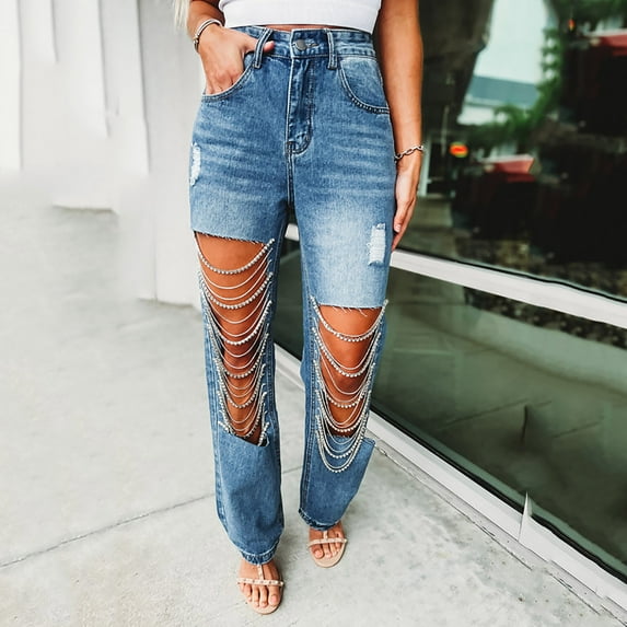 Utoimkio Women's Stretchy Hollow Out Straight Leg Jeans High Waisted Denim Pants for Women Casual Loose Trousers with Pockets