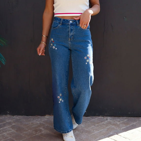 Utoimkio Clearance Women's Stretchy Straight Leg Jeans High Waisted Denim Pants for Women Casual Loose Trousers with Pockets