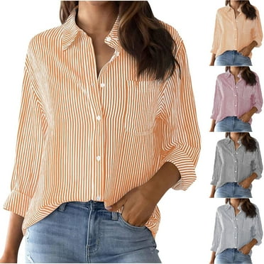 Utoimkio Clearance Women's Striped Button Down Shirts Dressy Work Blouse Tops Long Sleeve Turndown Collar Dress Shirt Vacation Work Clothes for Women with Pockets