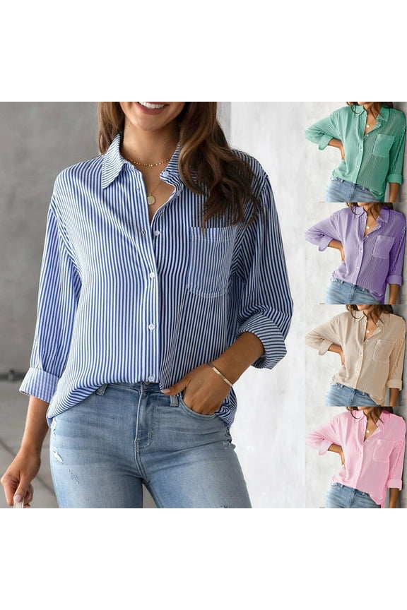 Women's Striped Button Down Shirts Dressy Work Blouse Tops Long Sleeve Turndown Collar Dress Shirt Vacation Work Clothes for Women with Pockets